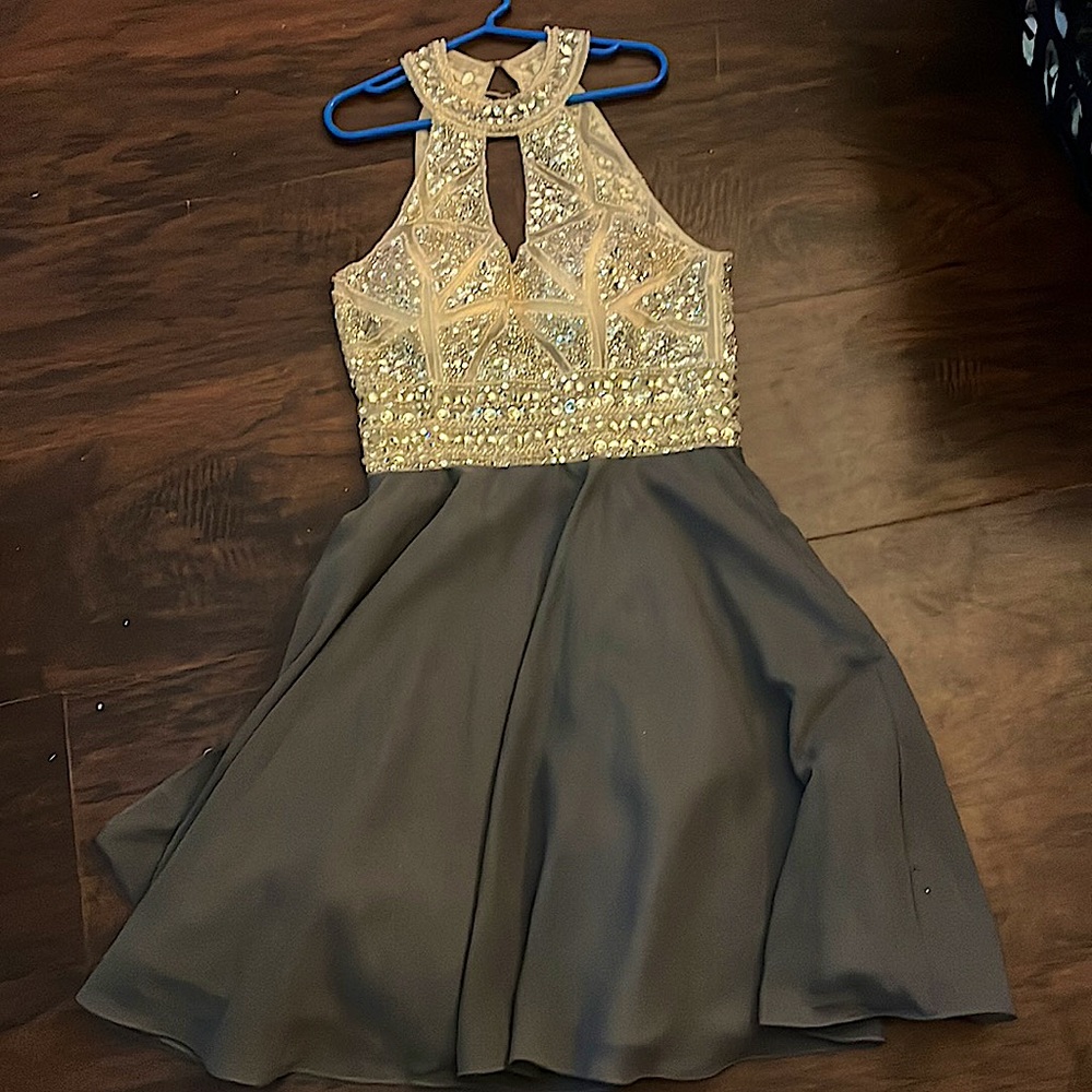 Short tan and gray high neck dress